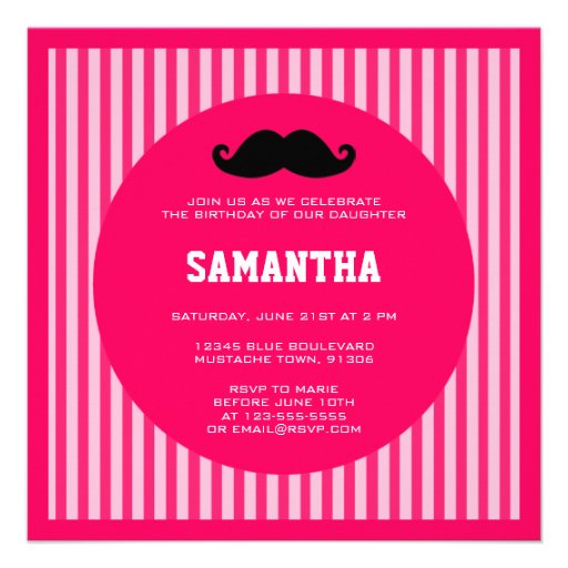 Mustache Girl Pink Stripe Birthday Invitation