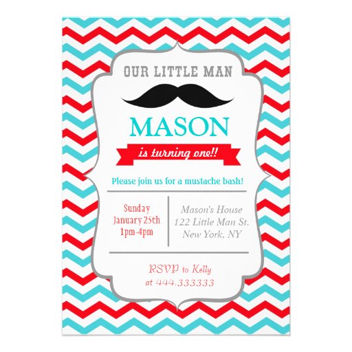 Mustache Little Man Birthday Party Invitations (front side)