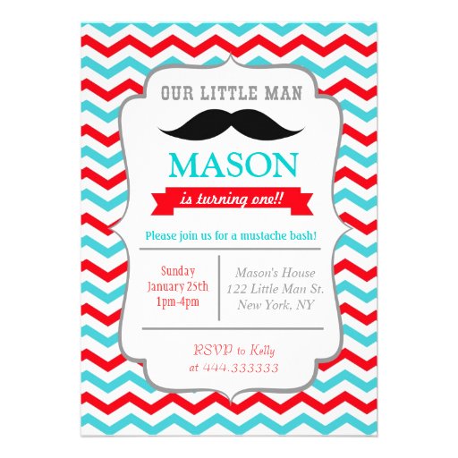 Mustache Little Man Birthday Party Invitations