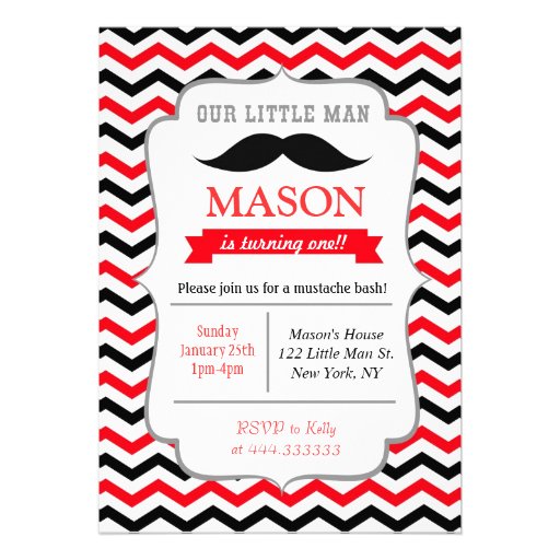 Mustache Little Man Birthday Party Invitations (front side)