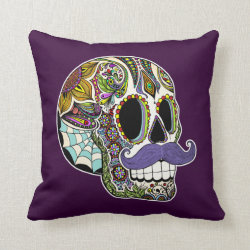 Mustache Sugar Skull Pillow - Color Customizable
