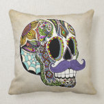 Mustache Sugar Skull Pillow - Vintage Style