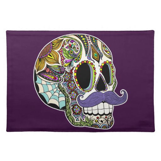 Mustache Sugar Skull Placemats (Color Version) Zazzle
