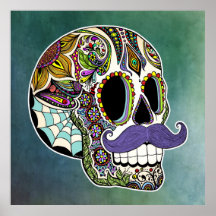 Mustache Sugar Skull Poster - Textured Background