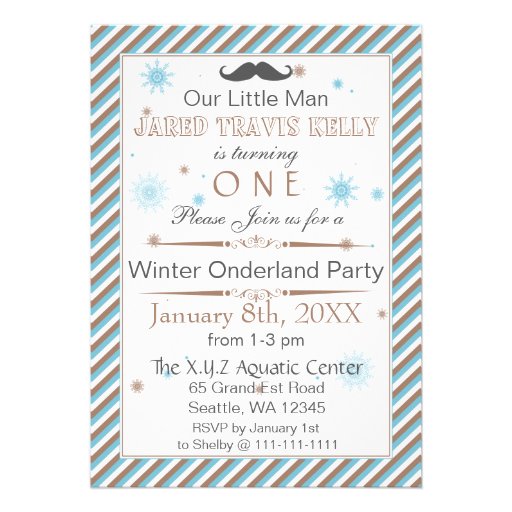 mustache winter wonderland 1st birthday party personalized announcement