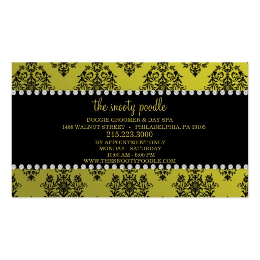 Mustard Yellow Jeweled Damask Dog Grooming/Spa Business Cards (back side)