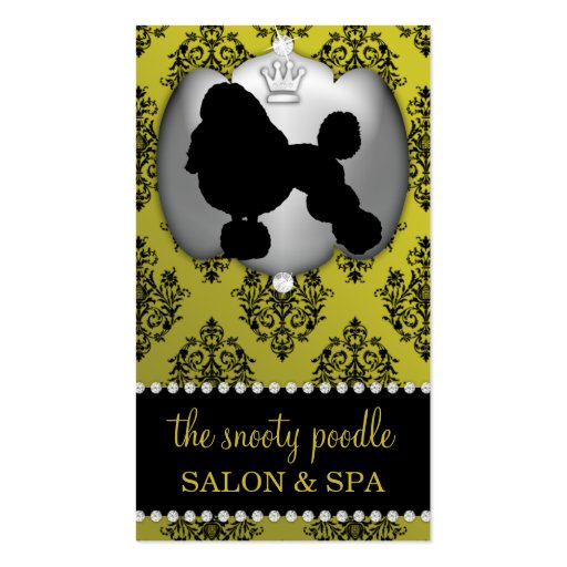 Mustard Yellow Jeweled Damask Dog Grooming/Spa Business Cards (front side)