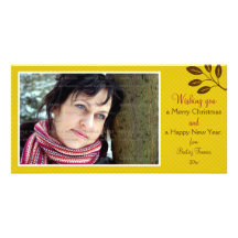 Mustard Yellow Lattice Leaves Branch Christmas Photo Card