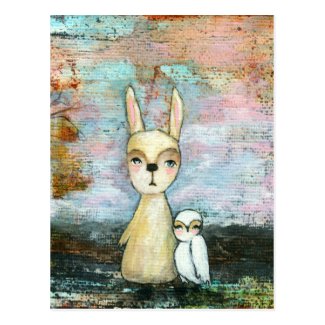 My Best Friend, Baby Rabbit, Baby Owl Abstract Art Post Card