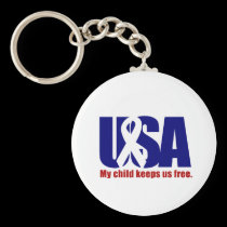 My child keeps us free. USA Red White blue keychains