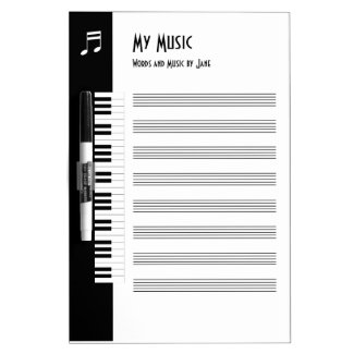 A dry erase whiteboard for musicians and composers. Jot down your music ideas on this white board sheet music decorated with a piano keyboard and music note