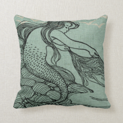 Mythical Young Mermaid Aqua Blue Sea Shore Scene Throw Pillows