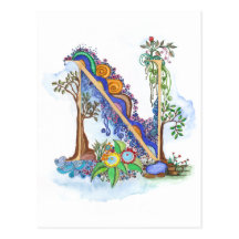 N, initial, monogram, wedding postcard