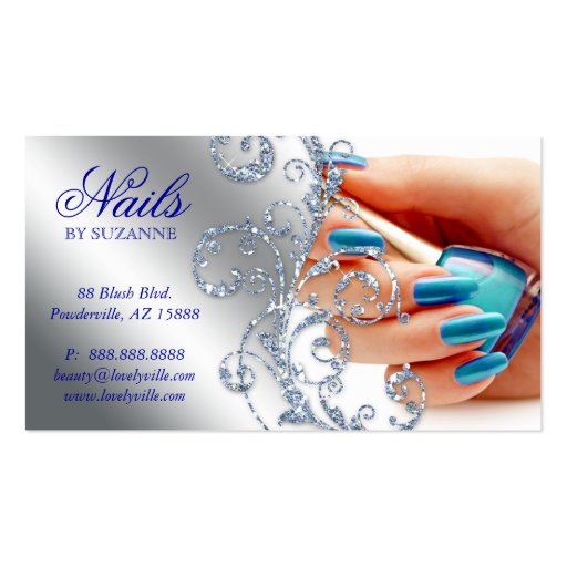 Nail Salon Business Card Glitter Blue Silver (front side)