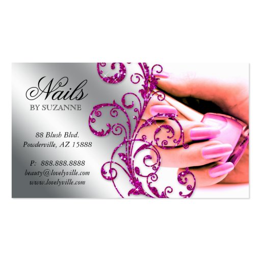 Nail Salon Business Card Glitter Pink Silver 2 (front side)