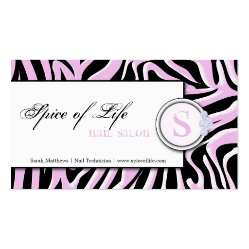 Nail Salon Pink Zebra Print Monogram Business Card