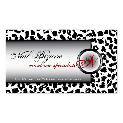 Nail Technnician Black White Leopard Business Card (front side)