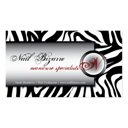 Nail Technnician Black White Zebra Business Card (front side)