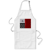 Name and monogram red damask polka dots aprons