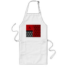 Name and monogram red damask stripes aprons