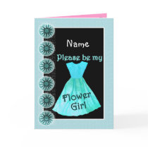 NAME Flower Girl Invitation TURQUOISE BLUE Dress Greeting Cards