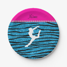 Name gymnast sky blue glitter zebra stripes 7 inch paper plate