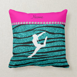 Name gymnast turquoise glitter zebra stripes throw pillow