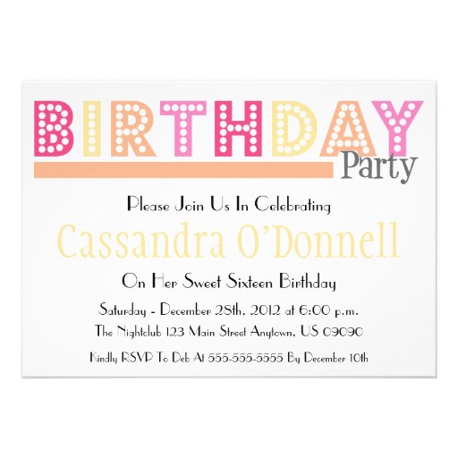 Name In Lights Birthday Party Invitations (Orange) (front side)