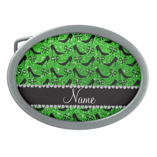 Name lime green glitter black high heels bow belt buckle | Zazzle