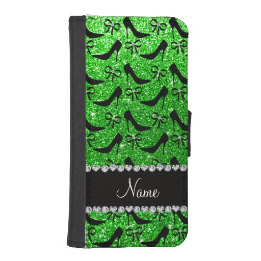 Name lime green glitter black high heels bow iPhone 5 wallet case ...