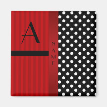 Name monogram black white polka dots red stripes refrigerator magnets