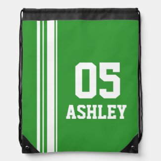 Name number green sports stripe drawstring bag