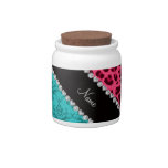 Name pink leopard turquoise damask candy jars at Zazzle