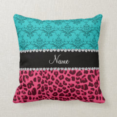Name pink leopard turquoise damask throw pillow