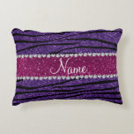Name purple glitter zebra stripes pink stripe accent pillow