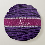 Name purple glitter zebra stripes pink stripe round pillow