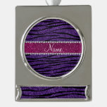 Name purple glitter zebra stripes pink stripe silver plated banner ornament
