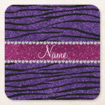 Name purple glitter zebra stripes pink stripe square paper coaster