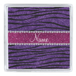 Name purple glitter zebra stripes pink stripe silver finish lapel pin
