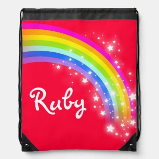 Name red rainbow stars drawstring bag