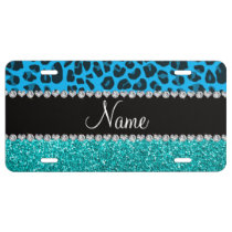 Name sky blue leopard turquoise glitter license plate at Zazzle