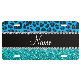 Name sky blue leopard turquoise glitter license plate
