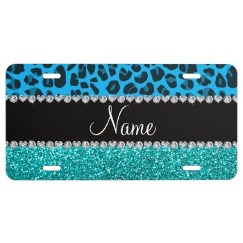 Name sky blue leopard turquoise glitter license plate
