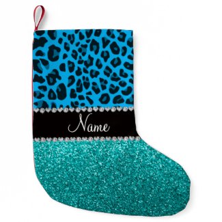 Name sky blue leopard turquoise glitter small christmas stocking