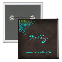 Name Tag Button Salon Spa Floral Blue Green
