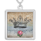 Name Vintage Rose and Crown Square Necklace necklace