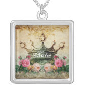 Name Vintage Rose and Crown Square Necklace necklace