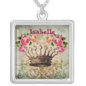 Name Vintage Rose and Crown Square Necklace necklace