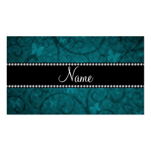 Name vintage teal swirls and butterflies business card (front side)