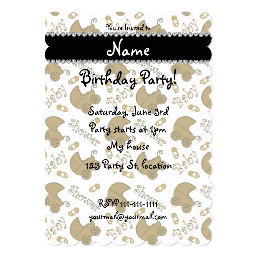 Name white gold baby carriages pins baby shower 5x7 paper invitation ...